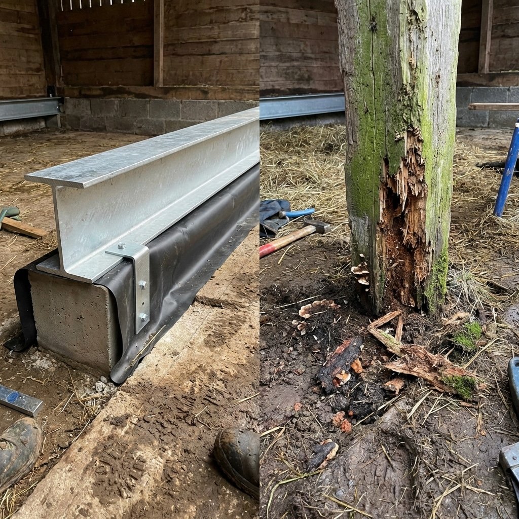 View of stable base, galvanized steel beam versus rotting wood concept, moisture barrier visible, clean steel surface, mud nearby, high detail, 16:9 --ar 16:9