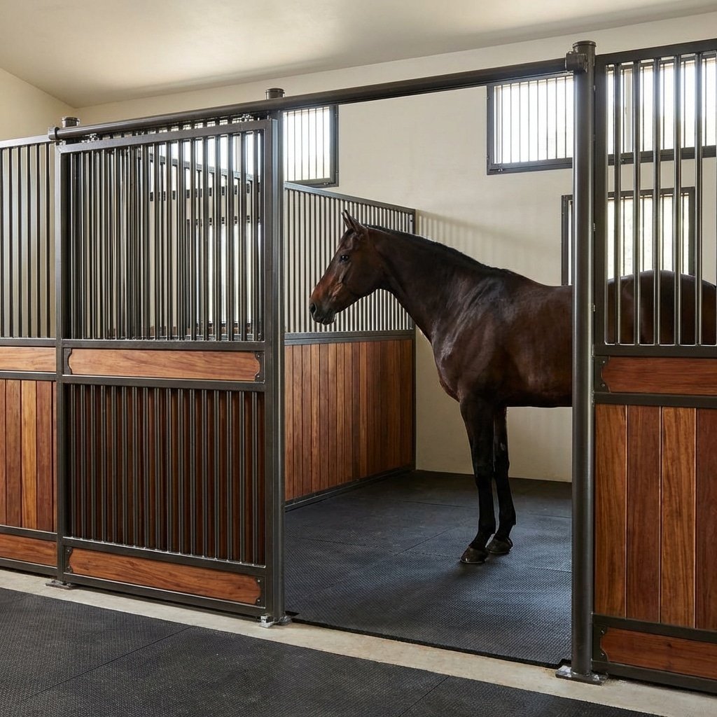 A sleek, dark brown horse stands in a modern stable stall featuring galvanized steel bars and wooden panels, set within a clean, well-lit indoor facility.