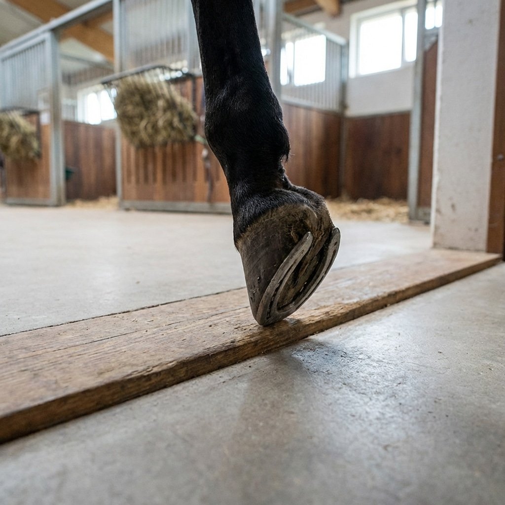 A close-up of a horse's hoof stepping onto a wooden plank in a stable, with galvanized steel stall panels and hay racks visible in the background.
