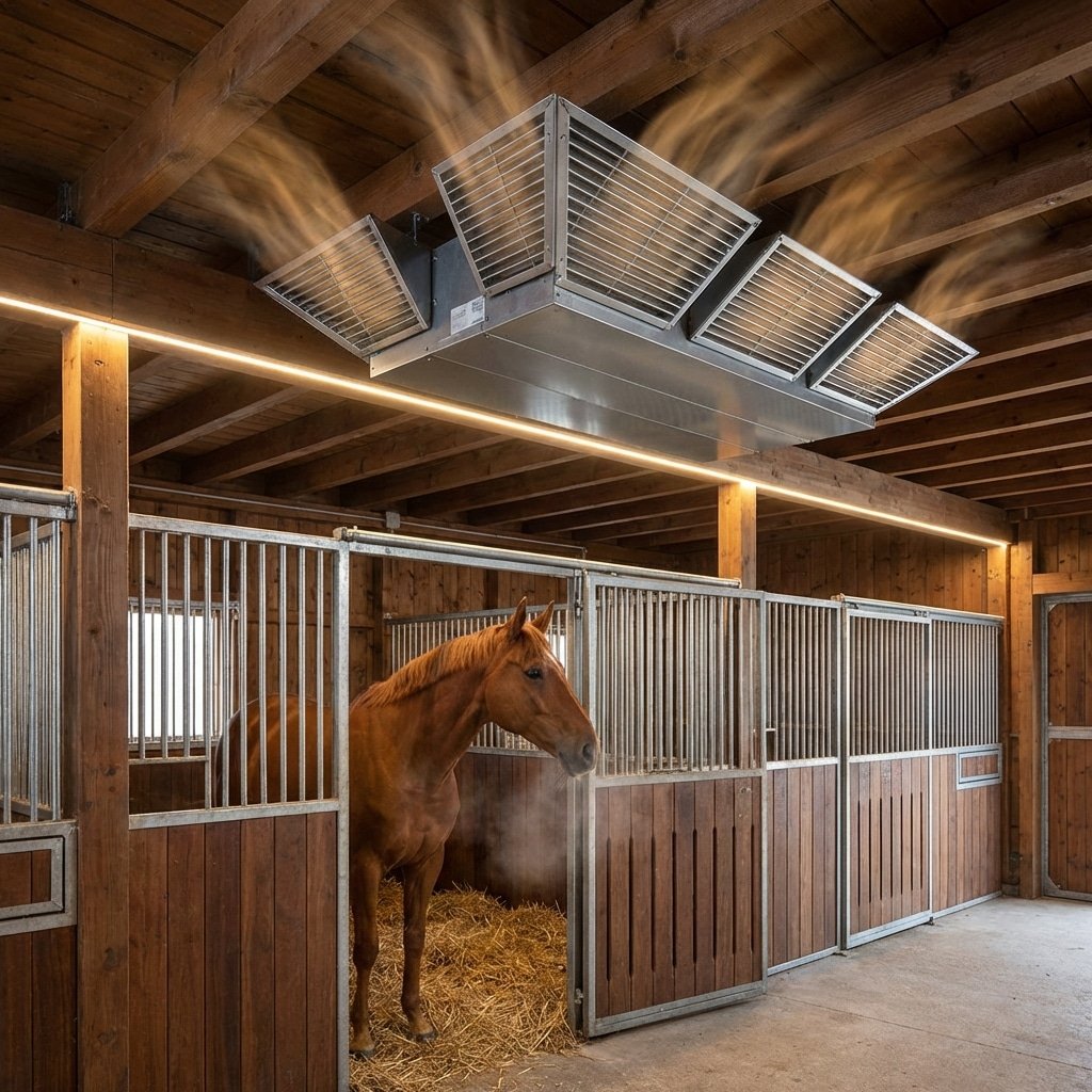 Hyperrealistic product photography inside a horse stable, focusing on ventilation system above horse stalls, open-grill tops allowing airflow, warm air rising, no condensation on surfaces, a horse breathing comfortably in a clean dry stall, detailed interior lighting, moisture control visualization, no text, no signage, no letters, no words --ar 16:9 --style raw --v 6.0