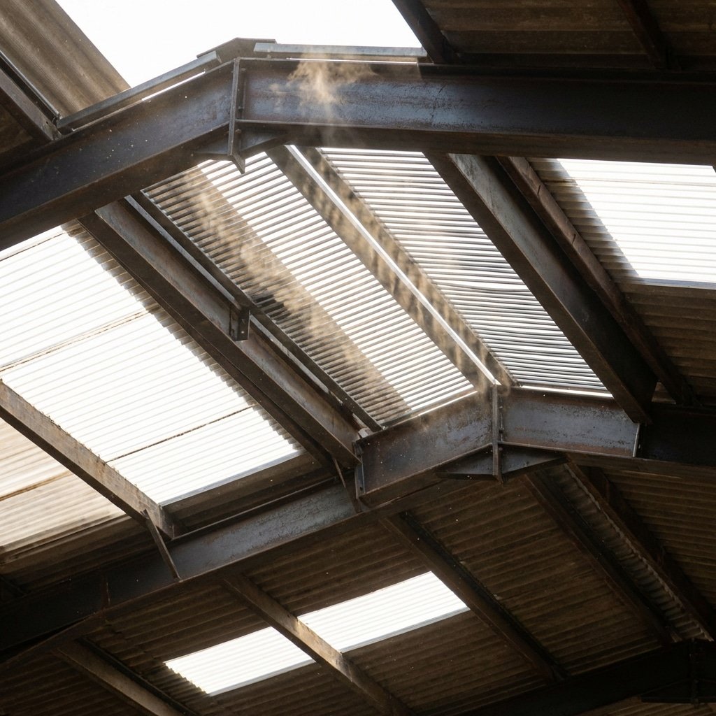 A close-up view of a galvanized steel roof structure with corrugated panels and skylights, showcasing durable stable equipment for horse facilities.