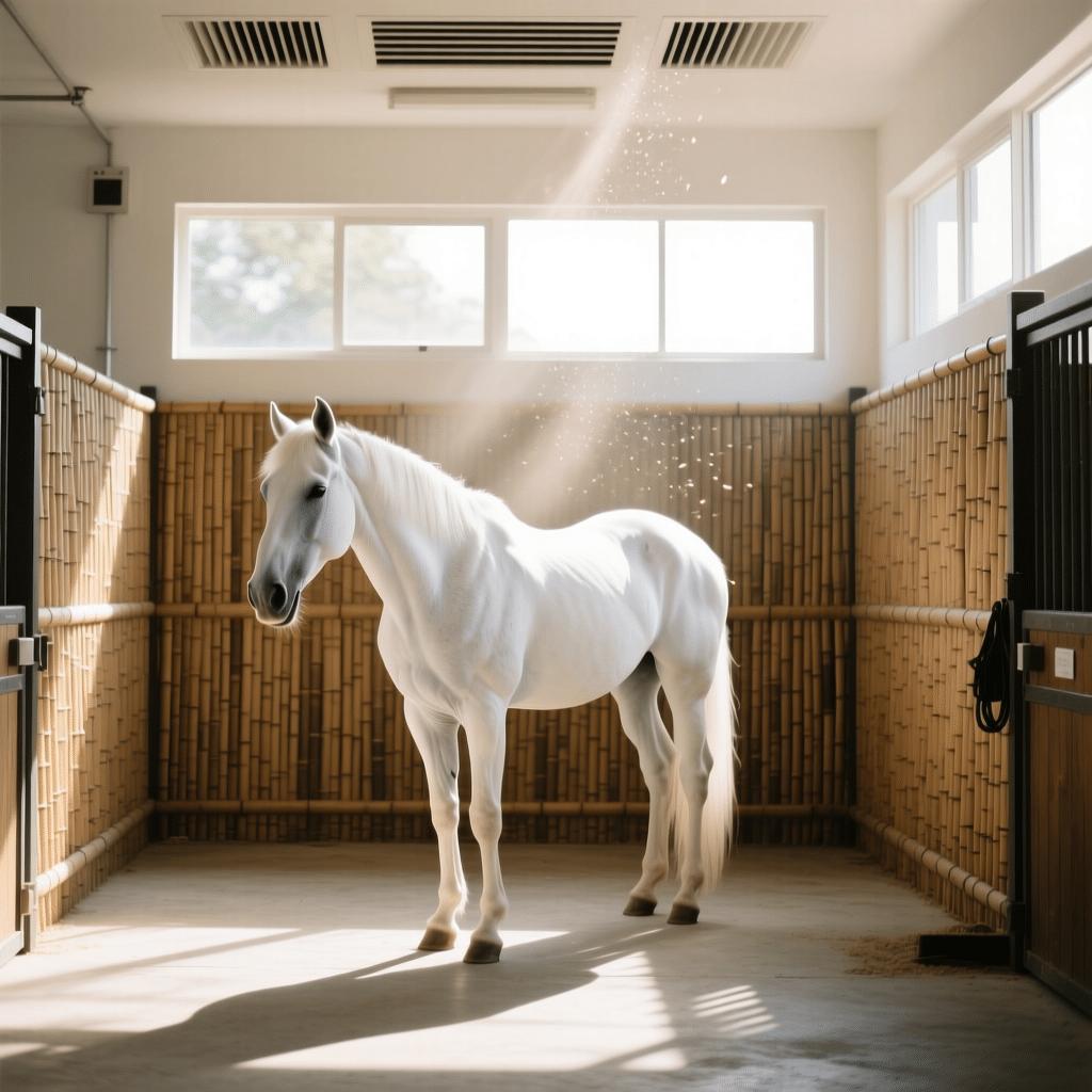 A pristine white horse stands gracefully in a modern stable stall with bamboo walls, illuminated by natural light streaming through large windows, showcasing the serene environment of high-quality horse stalls.