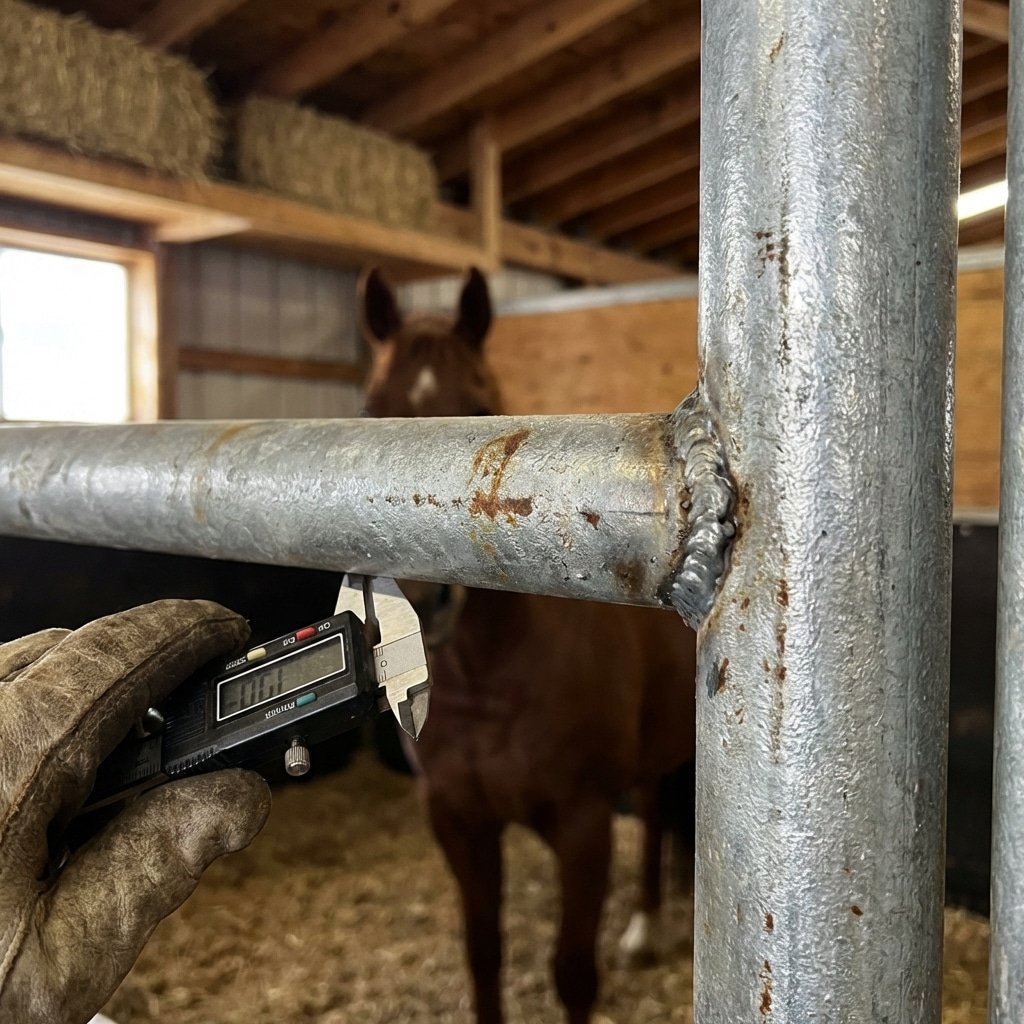 hyperrealistic product photography close-up view of steel tubing weld joints on a horse stall frame, showing thick galvanized coating, inspector hand holding calipers near the metal, horse stable background with a brown horse, focus on material quality, no text, no letters, no signage, no english characters in scene --ar 16:9 --v 6.0
