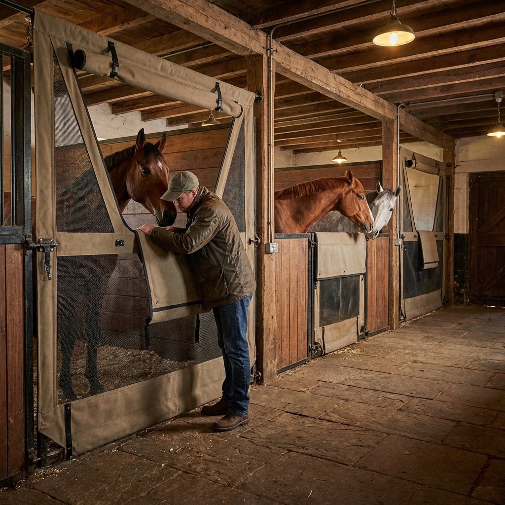 A man interacts with horses in a well-lit stable featuring wooden stalls and galvanized steel equipment, showcasing the quality of horse stable solutions.