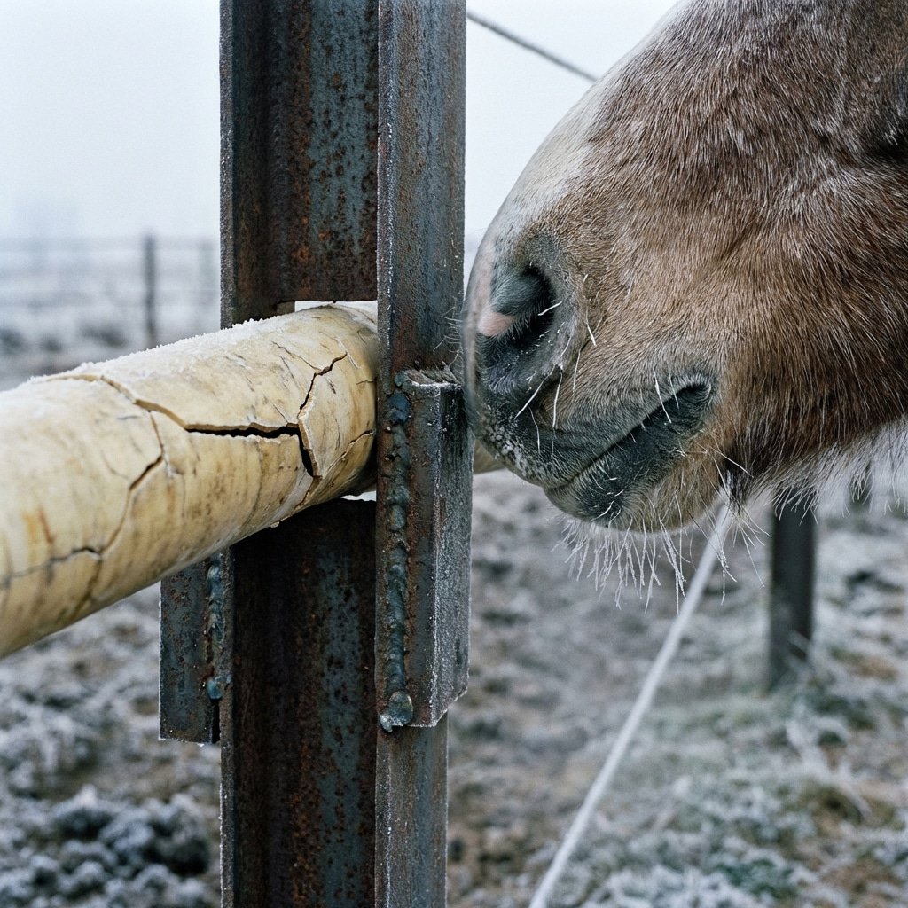 特写镜头,脆弱的塑料管道与坚固的结构钢马栏立柱对比,马匹头部靠近,细节纹理,冷色调,超写实产品摄影,16:9 比例