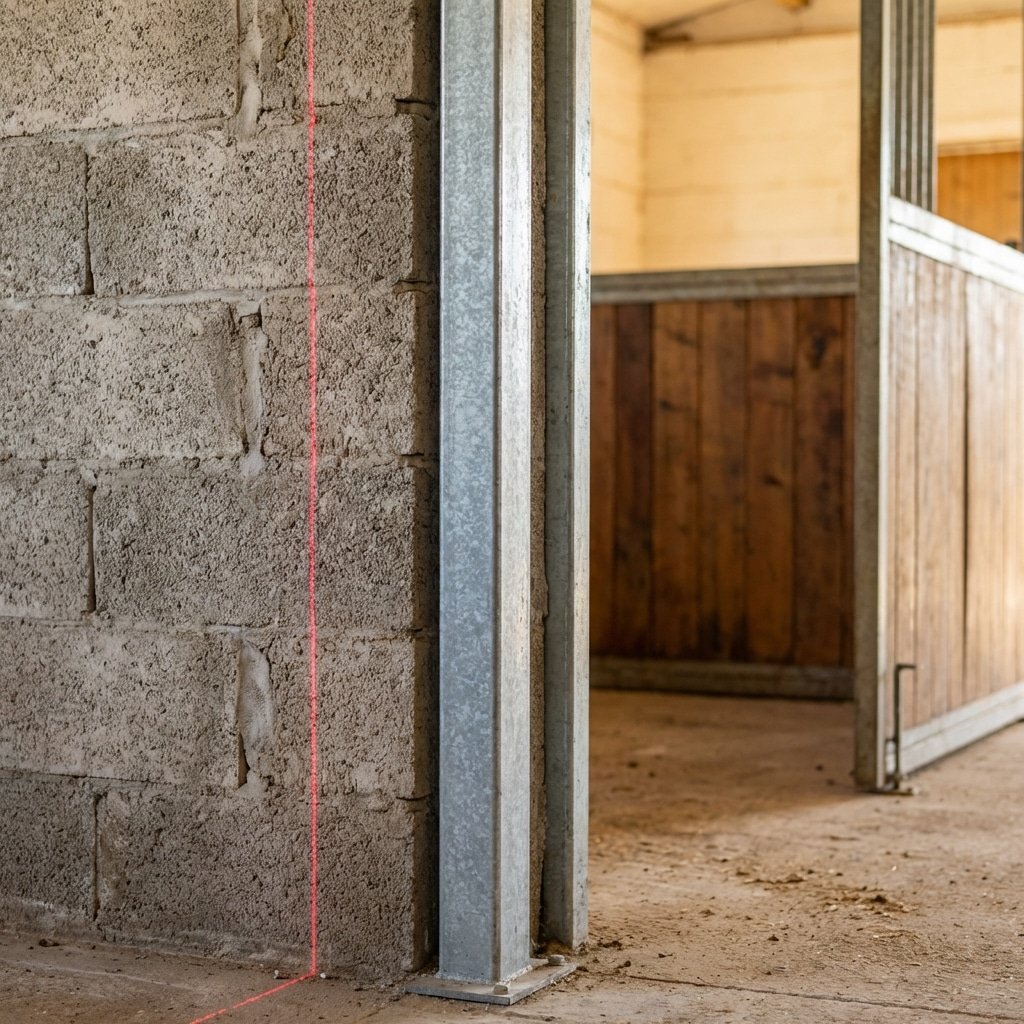 A close-up view of a galvanized steel stable panel being installed next to a concrete block wall, with a red laser line for alignment, showcasing the sturdy construction and professional setup of horse stall equipment.