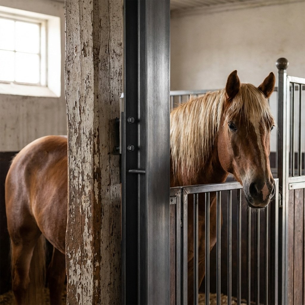 A brown horse stands calmly in a stable stall, featuring galvanized steel bars and a rustic wooden post, with soft natural light filtering through a nearby window.