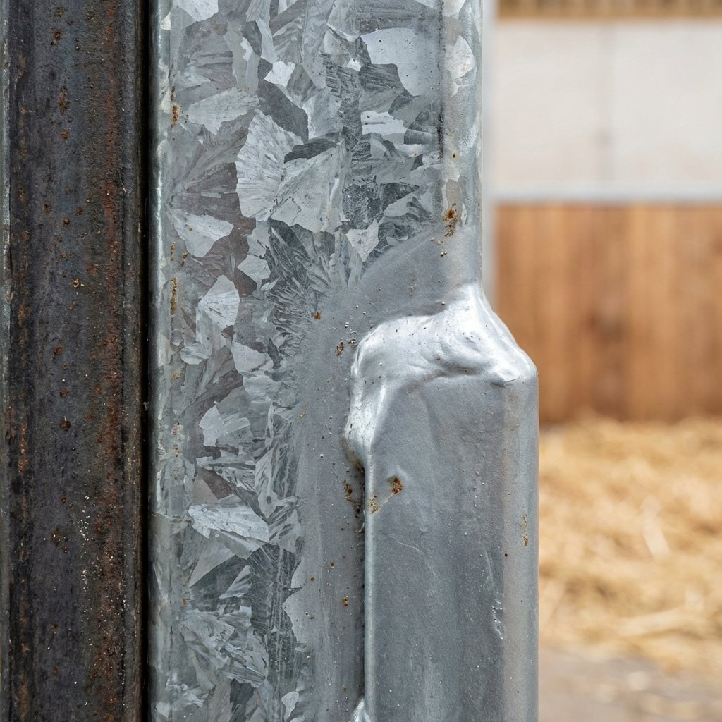 A close-up view of a galvanized steel stable panel with a textured, reflective surface and visible welds, showcasing the durability and quality of horse stall equipment.