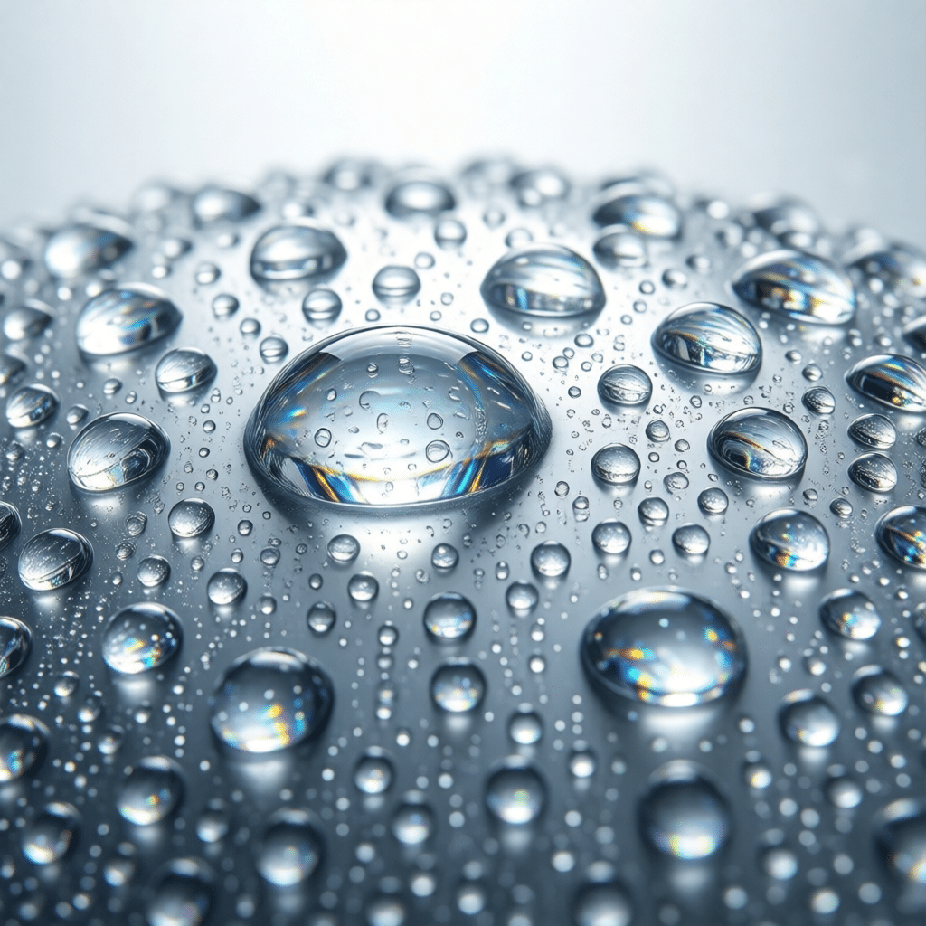 超写实特写,高密度聚乙烯表面,水珠形成球状滚落,疏水效果,光滑塑料质感,清洁,明亮,无文字,微距镜头,八千分辨率