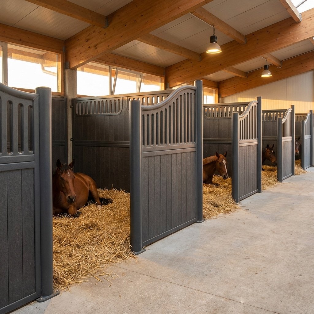 Hyperrealistic product photography of horses resting comfortably inside horse stalls made of HDPE panels, safe edges, ventilation visible, clean bedding, warm ambient light, peaceful atmosphere, horse stable interior, no text, no signage, no English characters --ar 16:9 --v 6.0