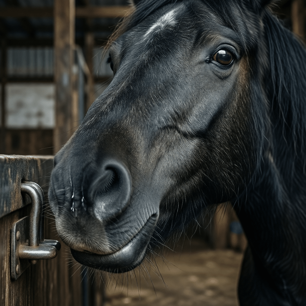 hyperrealistic close-up photography of a horse muzzle investigating a metal latch mechanism, tense atmosphere, detailed fur texture, shallow depth of field, stable background blurred, no text, no typography, 8k resolution --ar 3:2 --style raw --v 6.0