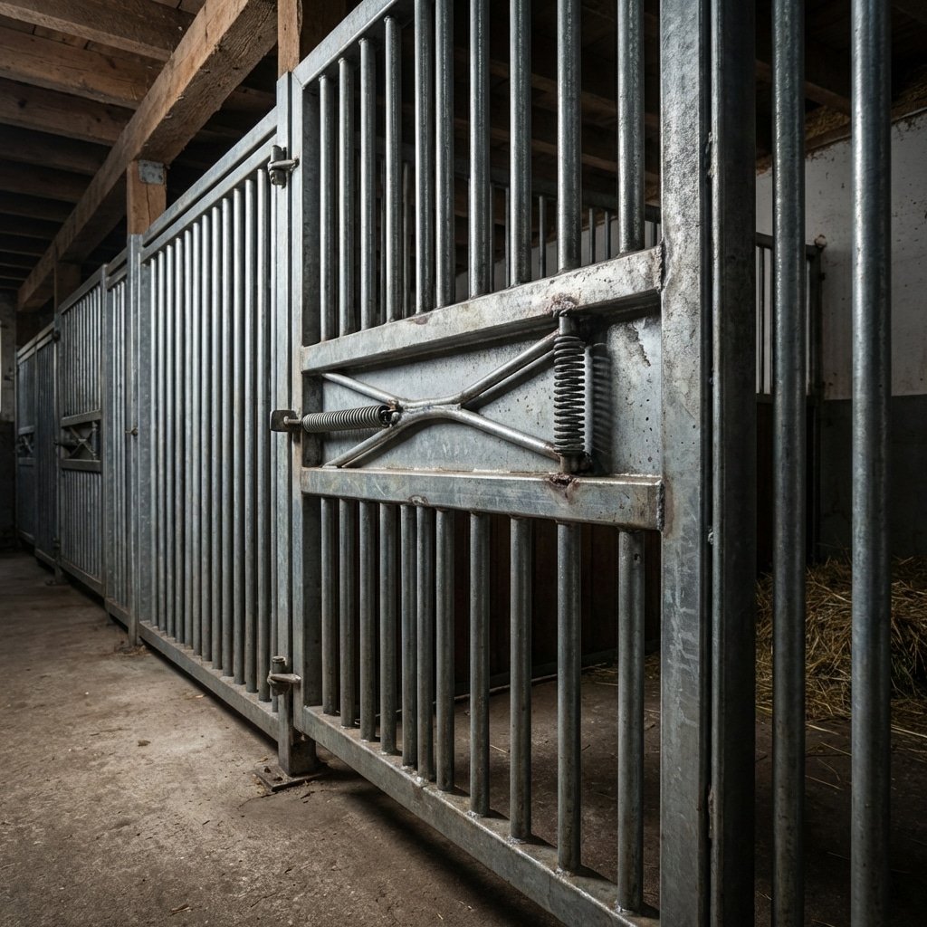 超写实产品摄影,重型马厩内部细节特写,高强度合金钢栏杆,热镀锌表面,防踢工程设计,工业风格照明,金属质感强烈,比例 16:9,画面中无任何文字