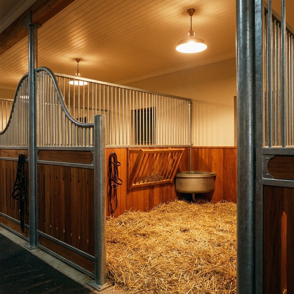 超写实产品摄影,宽敞的马厩隔间内部视角,适合大型挽马居住,抛光木材下半墙与钢制上半栏组合,干净稻草垫料,电影感暖色灯光,安全环境,比例 16:9,画面中无任何文字