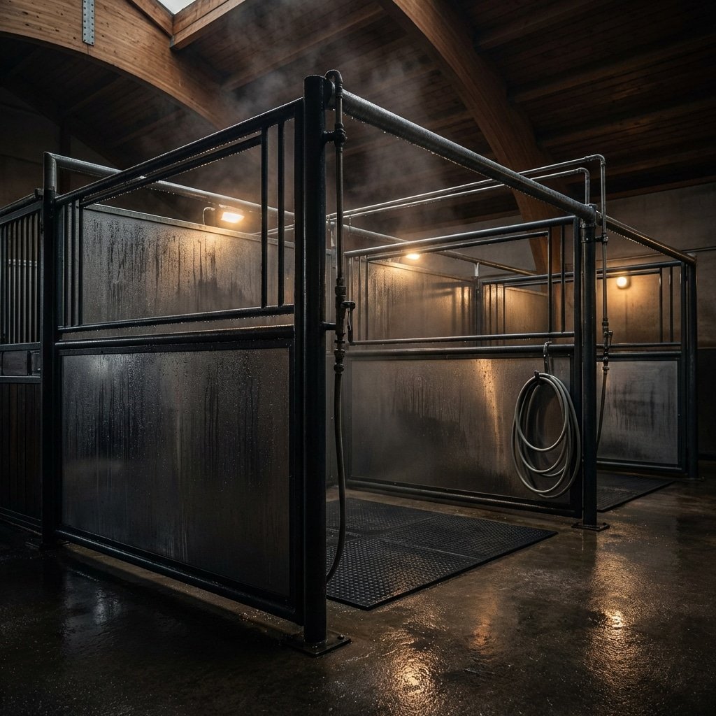 hyperrealistic product photography of an indoor horse wash rack environment, heavy humidity condensation on metal horse stall frames, wet surfaces reflecting light, moody atmospheric lighting, horse stable interior architecture, water droplets on steel, 16:9 aspect ratio, no text, no letters --ar 16:9 --style raw --v 6.0