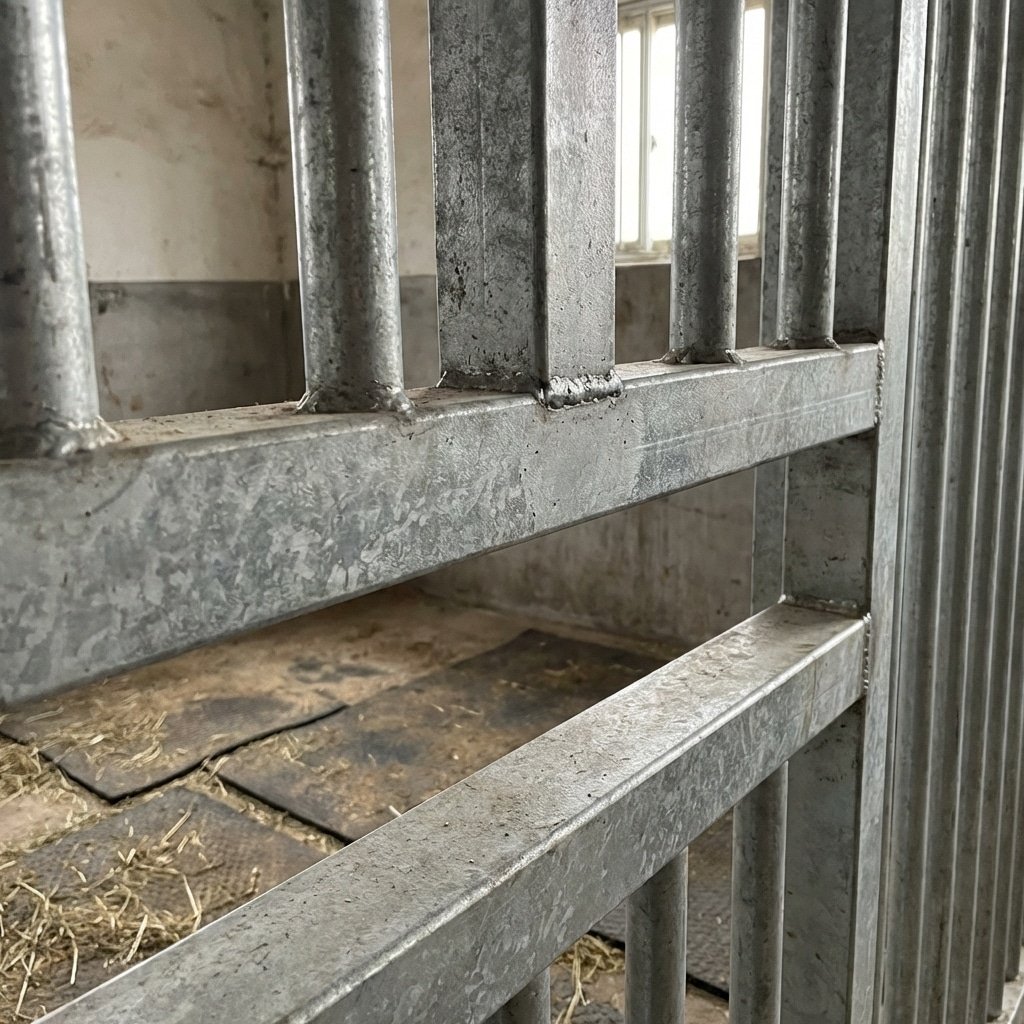 hyperrealistic product photography close-up of heavy-duty horse stall bars and frame, Q345B high strength steel texture, hot-dip galvanized finish, institutional stable interior details, robust construction, welding joints visible, safety and durability focus, --ar 16:9 --no text --style raw --v 6.0