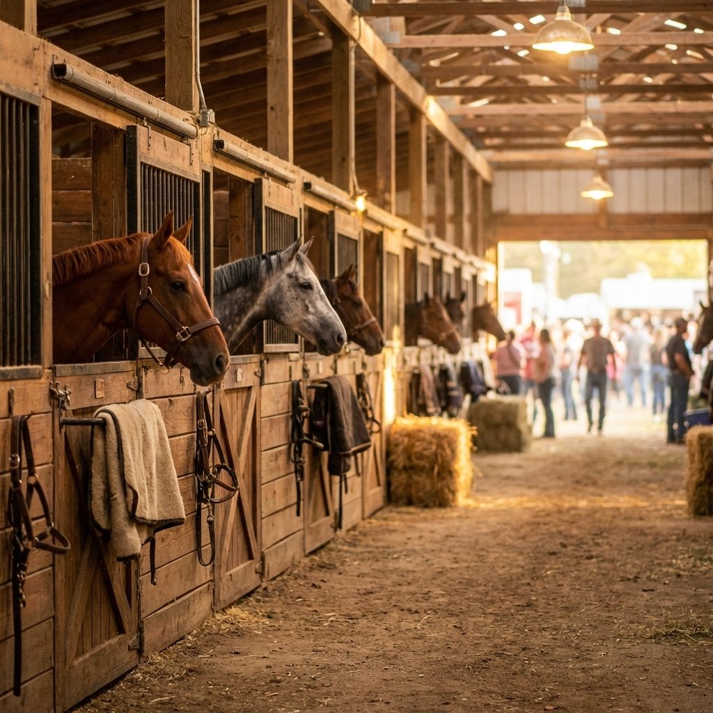 hyperrealistic product photography of a busy horse stable aisle at a state fair, rows of horse stalls on both sides, horses looking out, warm ambient lighting, blurred background of visitors, high detail, 8k, no text, no banners, no letters --ar 16:9 --stylize 250 --v 6.0