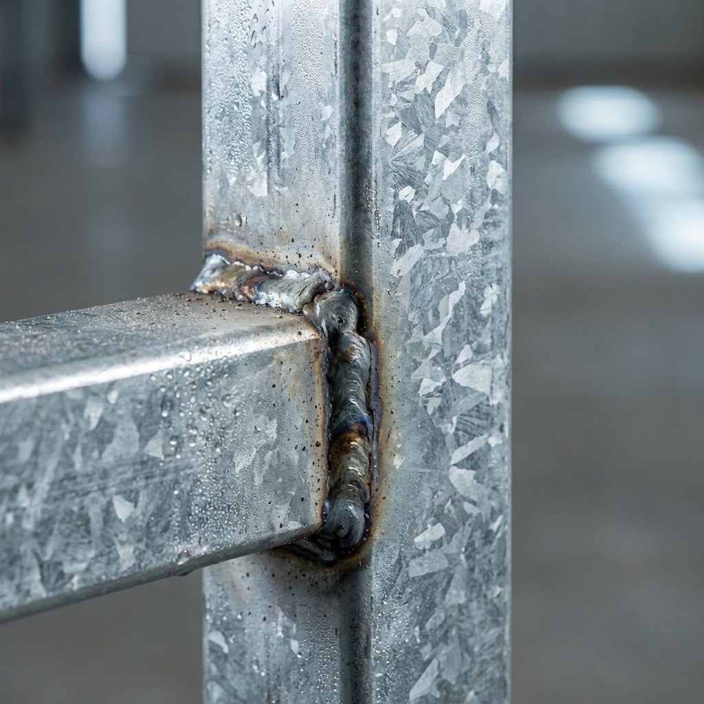 hyperrealistic product photography macro shot of hot-dip galvanized steel joint on horse stall frame, shiny zinc coating texture, robust weld seams, corrosion resistant surface, studio lighting, industrial precision, no text, no signage, no letters --ar 16:9