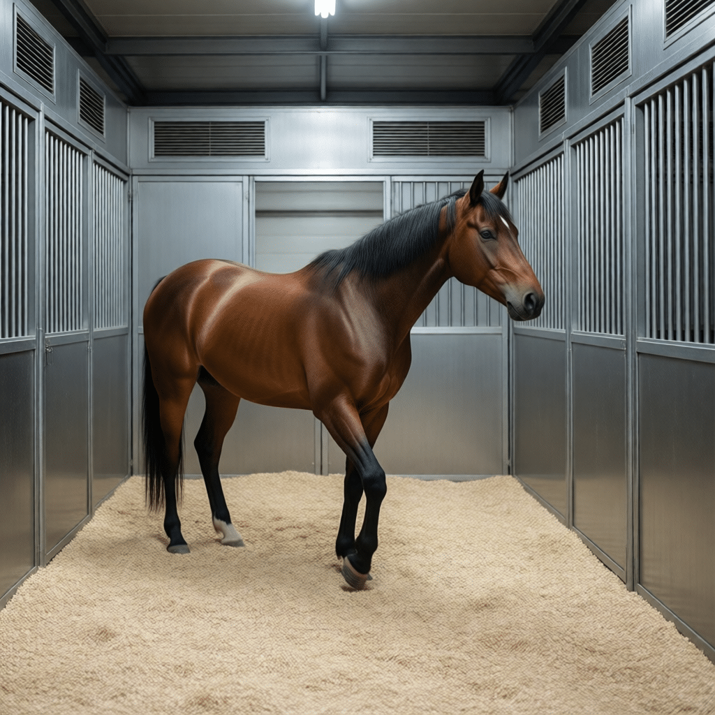 A brown horse stands in a clean, modern stable stall with galvanized steel panels and a soft beige carpeted floor.