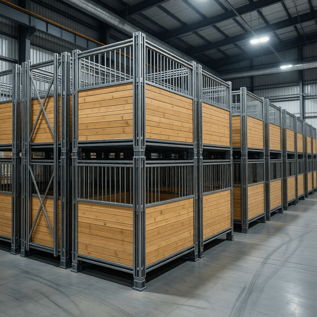 Rows of modern horse stalls with wooden panels and metal frames in a spacious stable facility.