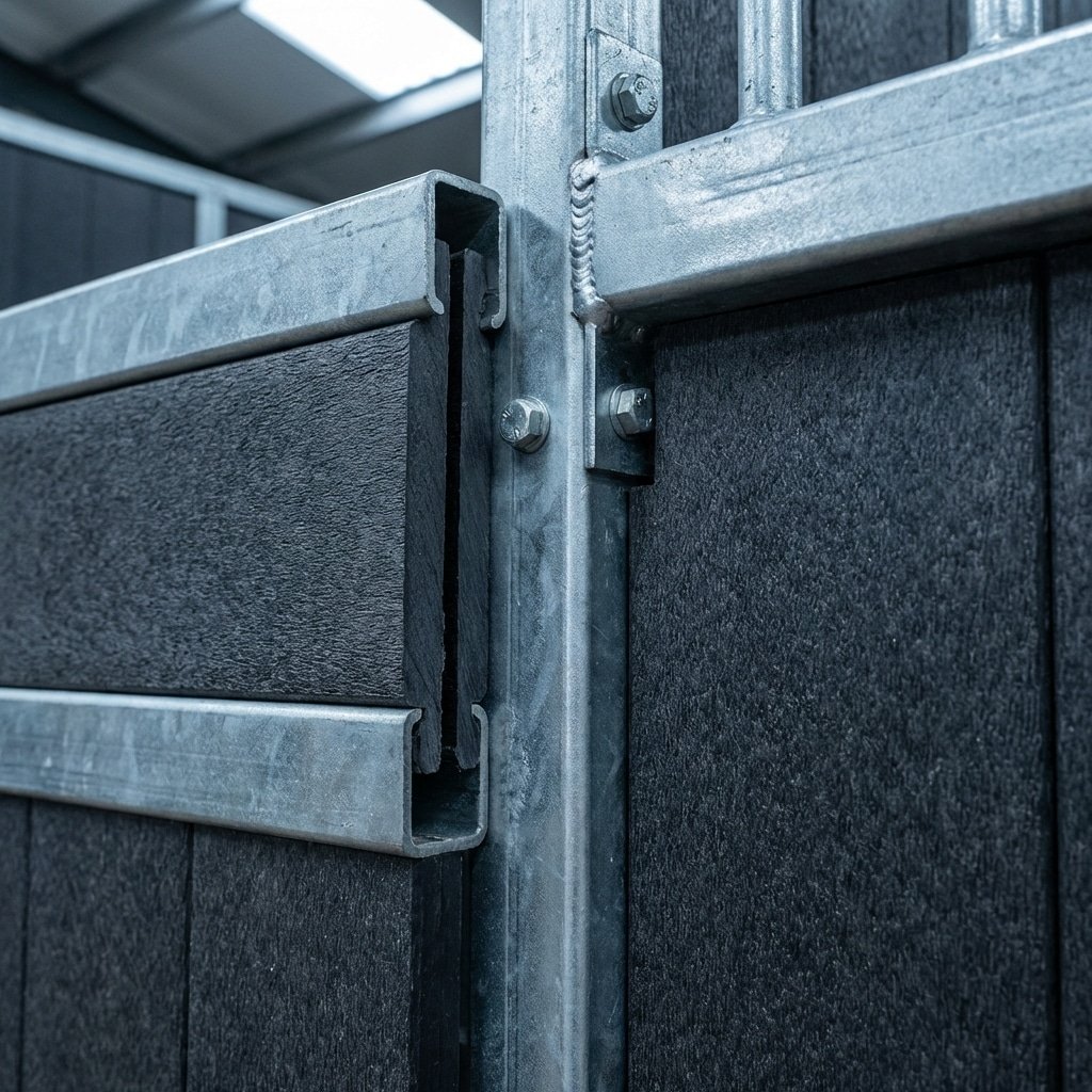 hyperrealistic product photography close-up detail of horse stall wall construction, Q345B galvanized steel framework and 28mm HDPE infill panels, impact absorbing texture, industrial quality, cold lighting, 16:9 aspect ratio, no text, --ar 16:9 --style raw --v 6.0