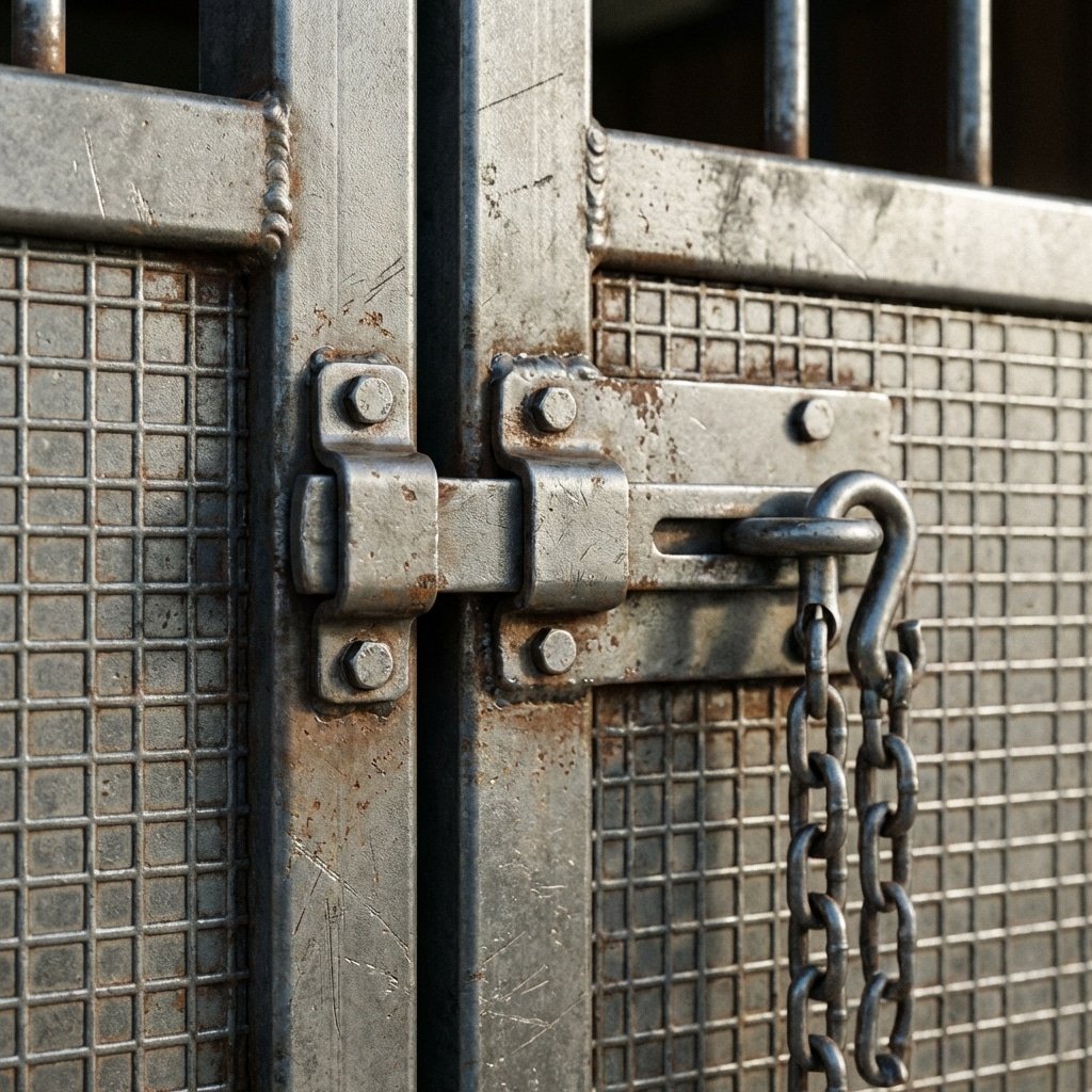 A close-up of a galvanized steel stable gate with a secure latch and chain, showcasing durable horse stall equipment.