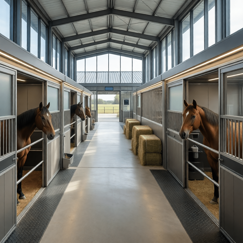 hyperrealistic product photography wide angle panoramic view of modular horse stable system interior clean lines efficient layout multiple horse stalls in a row horses visible standing calmly in stalls bright airy facility premium equestrian operational efficiency 16:9 --no text letters words signage