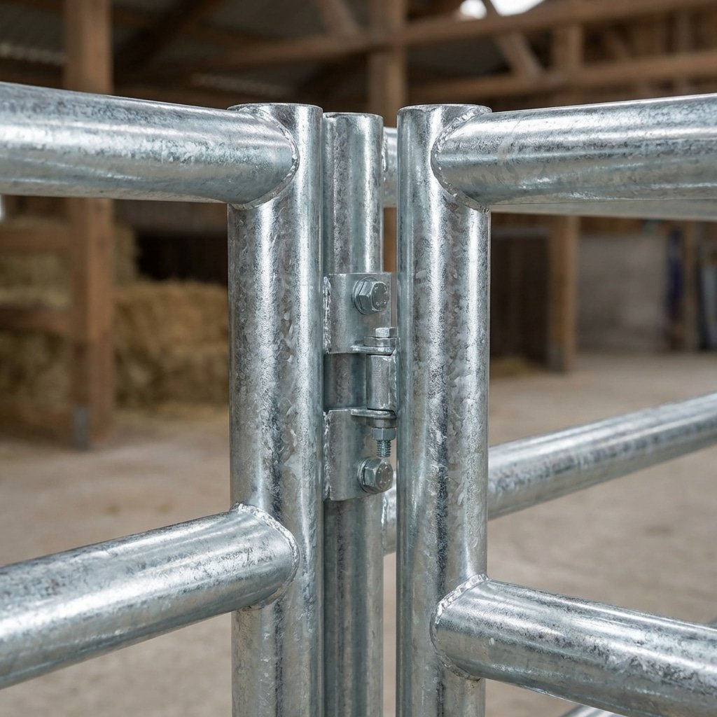 Close-up of a galvanized steel stable gate hinge, showcasing its sturdy construction and secure fastening mechanism, ideal for horse stalls and related equipment.