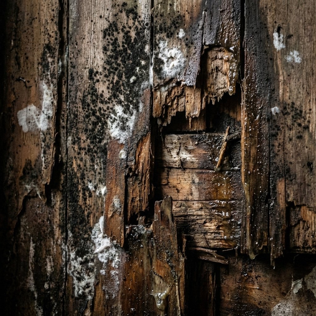 超写实微距摄影,腐烂的木头马厩墙壁,黑色霉菌斑点,潮湿纹理,暗光环境,结构损坏,无文字,高对比度,八千分辨率