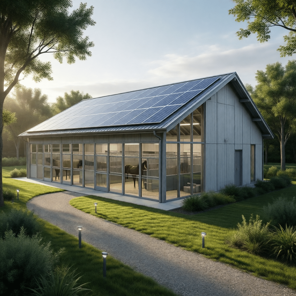 A modern horse stable featuring large glass windows, solar panels on the roof, and a gravel pathway surrounded by greenery, showcasing an eco-friendly design for horse care.