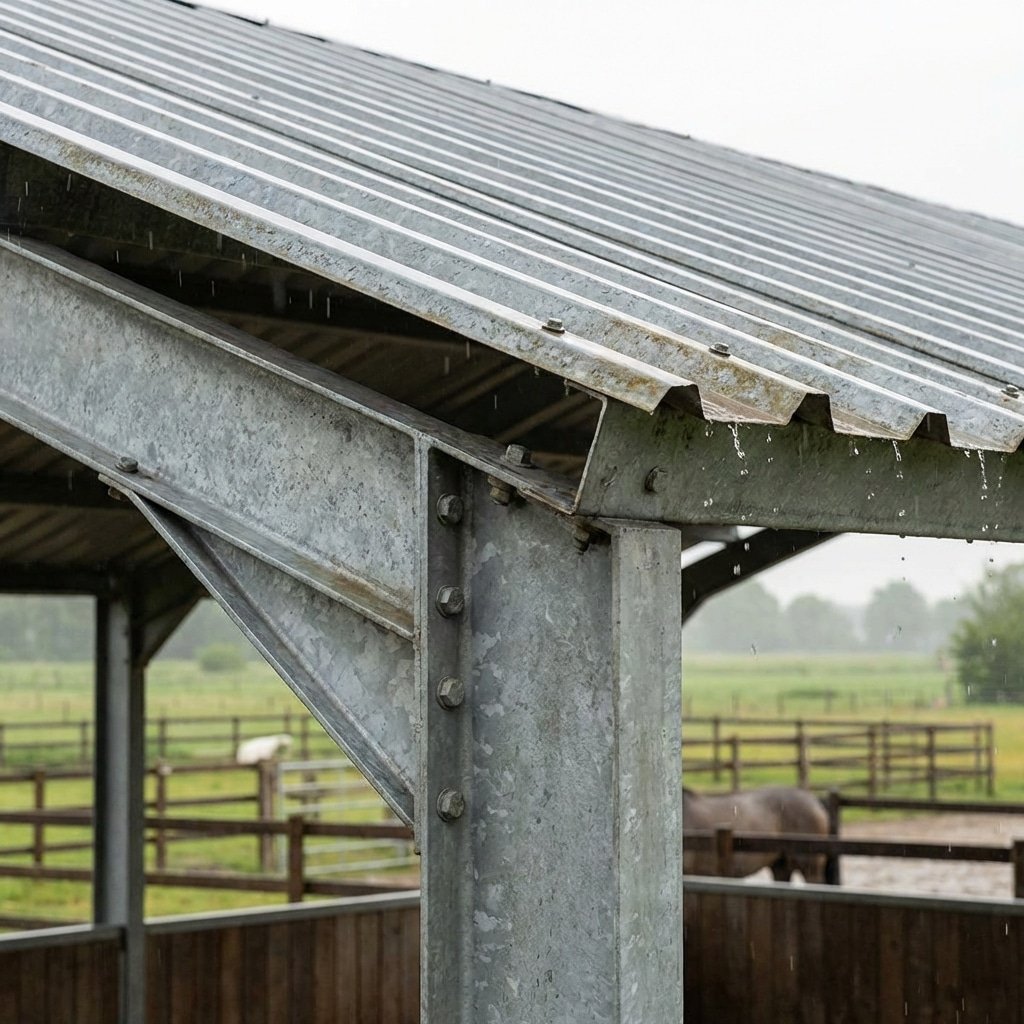 hyperrealistic product photography close-up of horse stable roof pitch and steel frame structure, showing sloped design from front to rear, rain droplets deflecting off the metal surface, robust bolted connections, outdoor paddock setting, detailed metal texture, 16:9 aspect ratio, no text, no letters, no signage --ar 16:9 --style raw --v 6.0 --no text