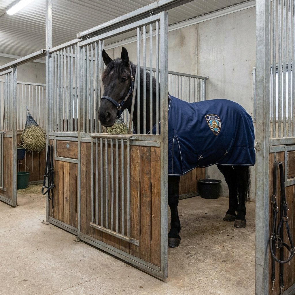 hyperrealistic product photography of a large draft cross police horse standing inside a heavy-duty horse stall, stable aisle view, horse wearing blanket, institutional stable environment, prepared for duty, calm atmosphere, heavy-duty stall doors in foreground, --ar 16:9 --no text --style raw --v 6.0