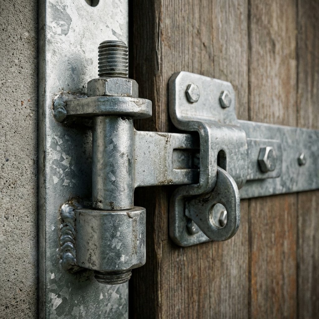 Hyperrealistic product photography macro shot of horse stall door hinge and latch mechanism, heavy duty galvanized steel, industrial quality, sharp focus, studio lighting, metallic texture, showcasing durability, no signage, no text, --ar 16:9