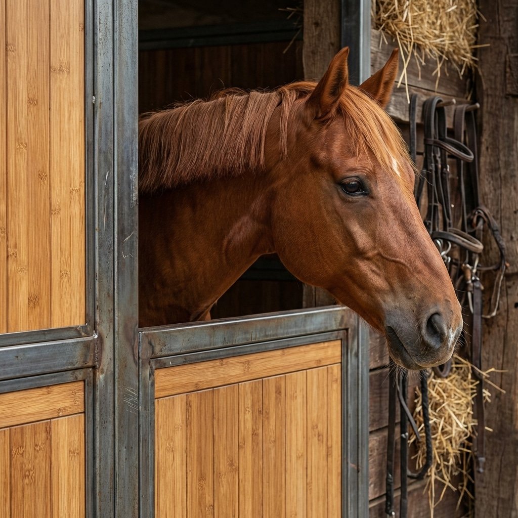 超写实产品摄影,马厩隔间细节特写,可回收钢框架,高密度竹材填充板,马头探出,材质纹理清晰,16:9 比例,画面无任何文字