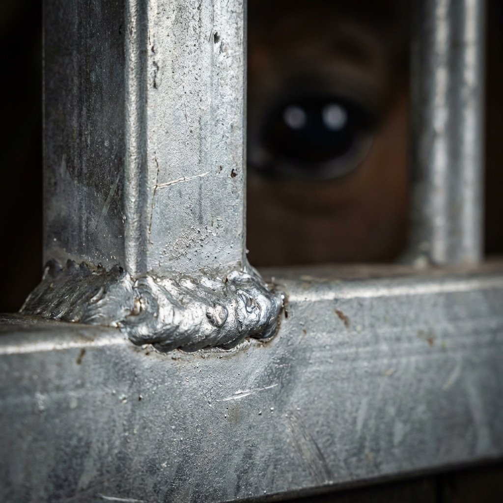 hyperrealistic product photography macro close-up of a welded joint on a horse stall bar, detailed zinc coating texture, metallic shine, blurred horse eye in background, safety and strength focus, no text, no signage, no letters --ar 16:9 --style raw --v 6.0