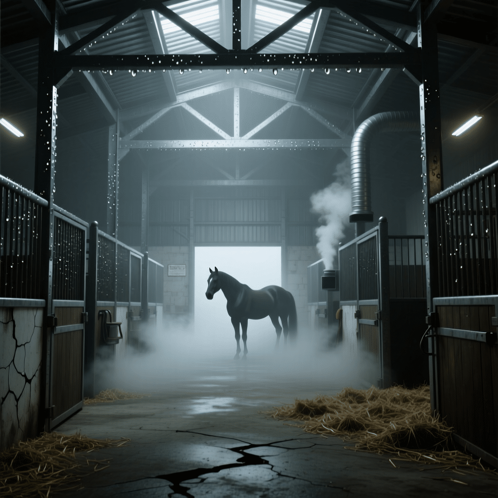 A horse stands in a misty, modern stable with galvanized steel stalls and equipment, illuminated by overhead lights with hay scattered on the cracked concrete floor.