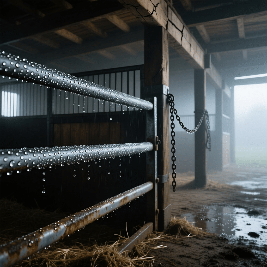 A close-up view of galvanized steel stable fencing with water droplets, set within a rustic horse stall environment featuring wooden beams and chains.