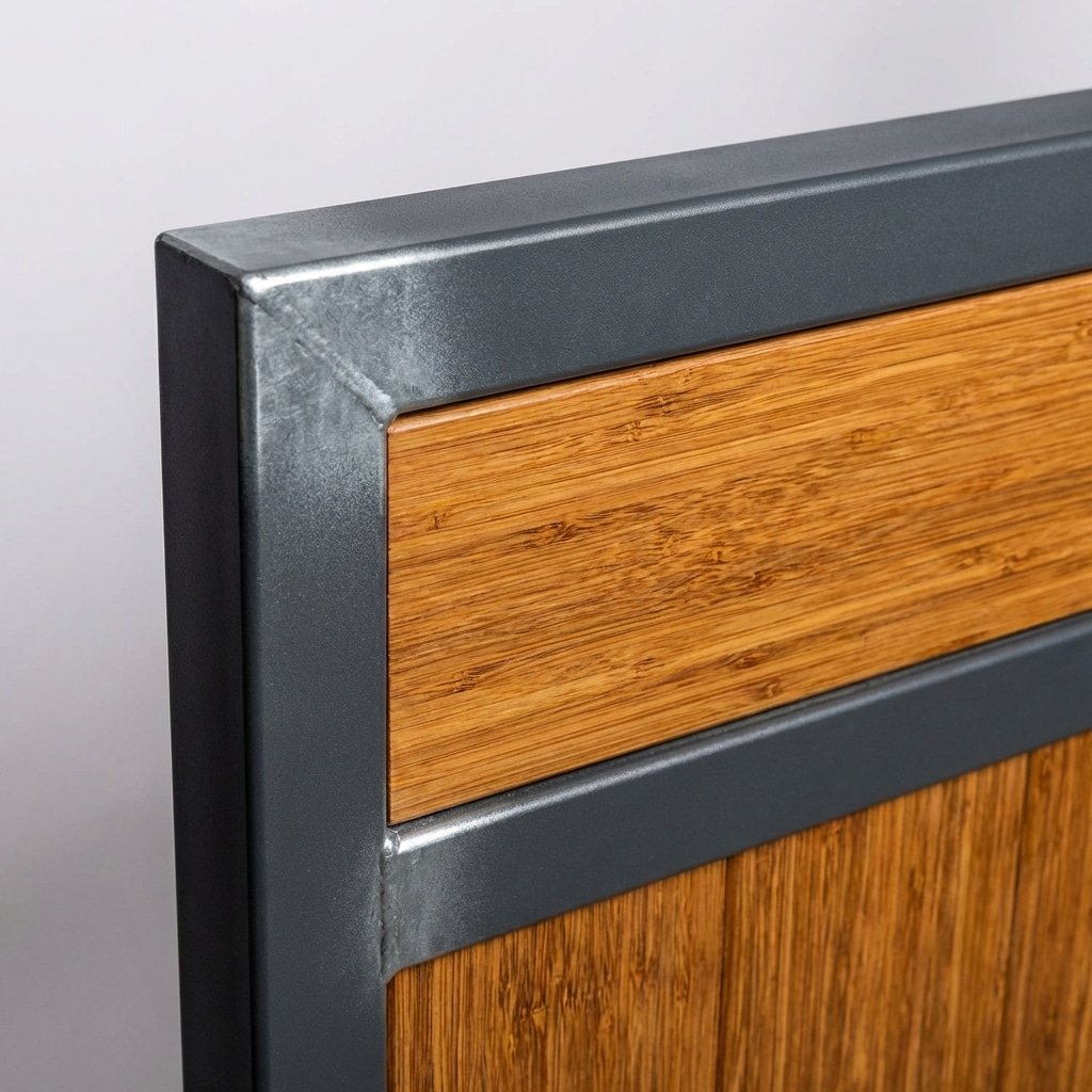 A close-up of a stable panel featuring a galvanized steel frame with bamboo wood inserts, showcasing durable and modern horse stall equipment.