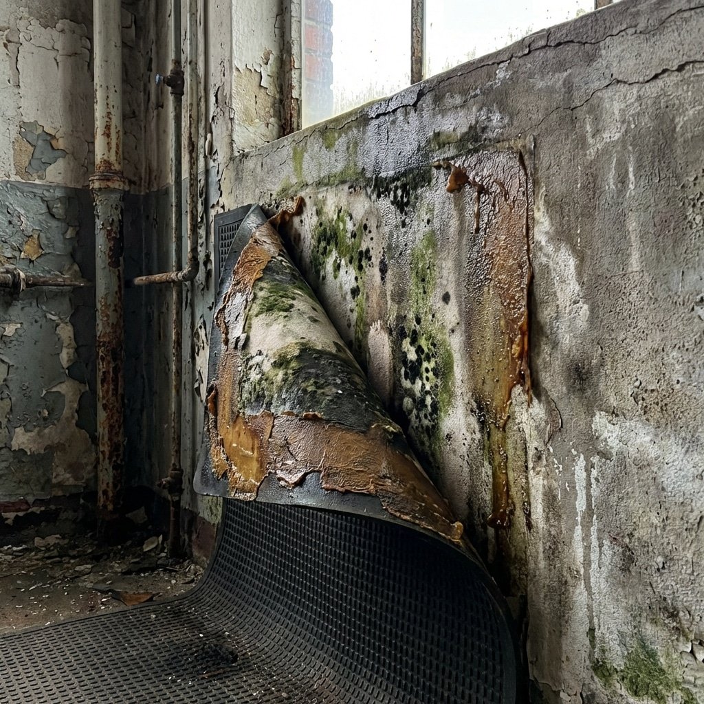 超写实细节,橡胶垫从墙壁剥离,背后滞留水分霉菌生长,损坏的粘合剂,工业风格,无文字,高细节,八千分辨率