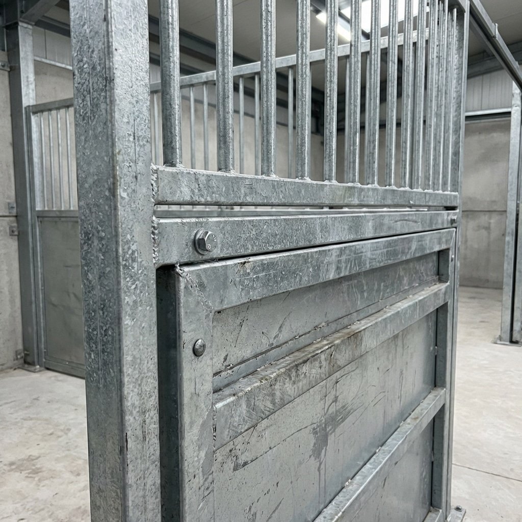 hyperrealistic product photography close-up detail of Q345B high strength steel horse stall framework, hot-dip galvanized surface texture, kick-proof lower paneling, top ventilation grill structure, industrial durability, 16:9 aspect ratio, no text, no signage, no letters, no typography --ar 16:9 --style raw --v 6.0