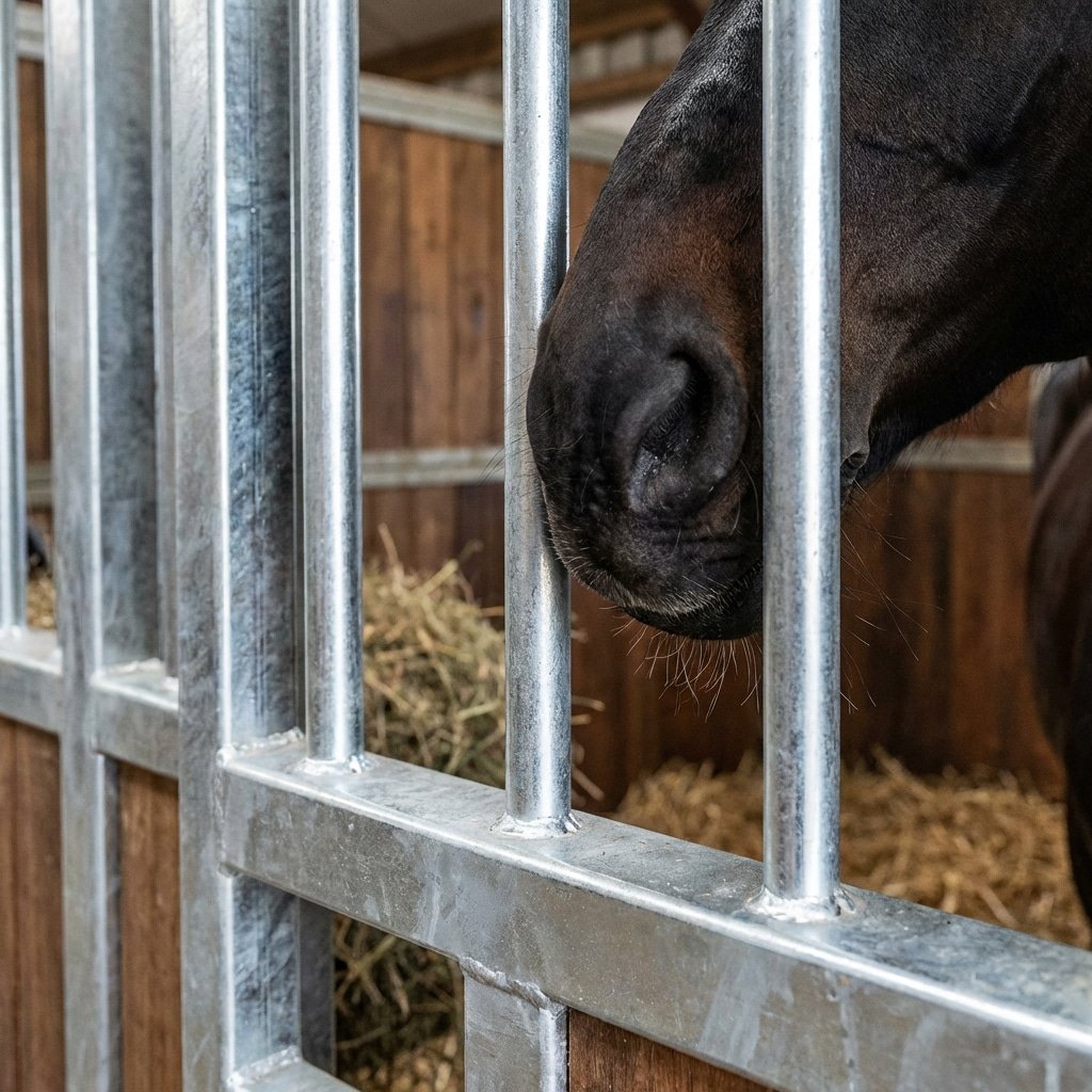 A close-up view of a horse's head peeking through galvanized steel stall bars in a stable, with hay visible in the background.