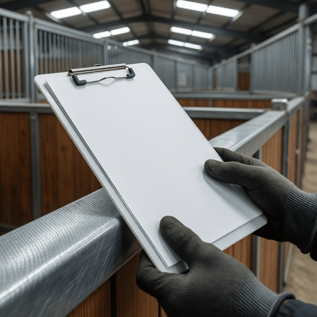 Gloved hands holding a blank clipboard in a stable aisle with galvanized steel and wooden stall panels