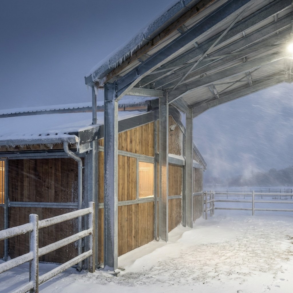 hyperrealistic product photography of precision-engineered horse stable structure, exterior view under extreme weather conditions with snow and wind, hot-dipped galvanized steel frames shining robustly, sturdy construction, cinematic lighting, professional architectural photography, 16:9 aspect ratio, no text --ar 16:9 --no text