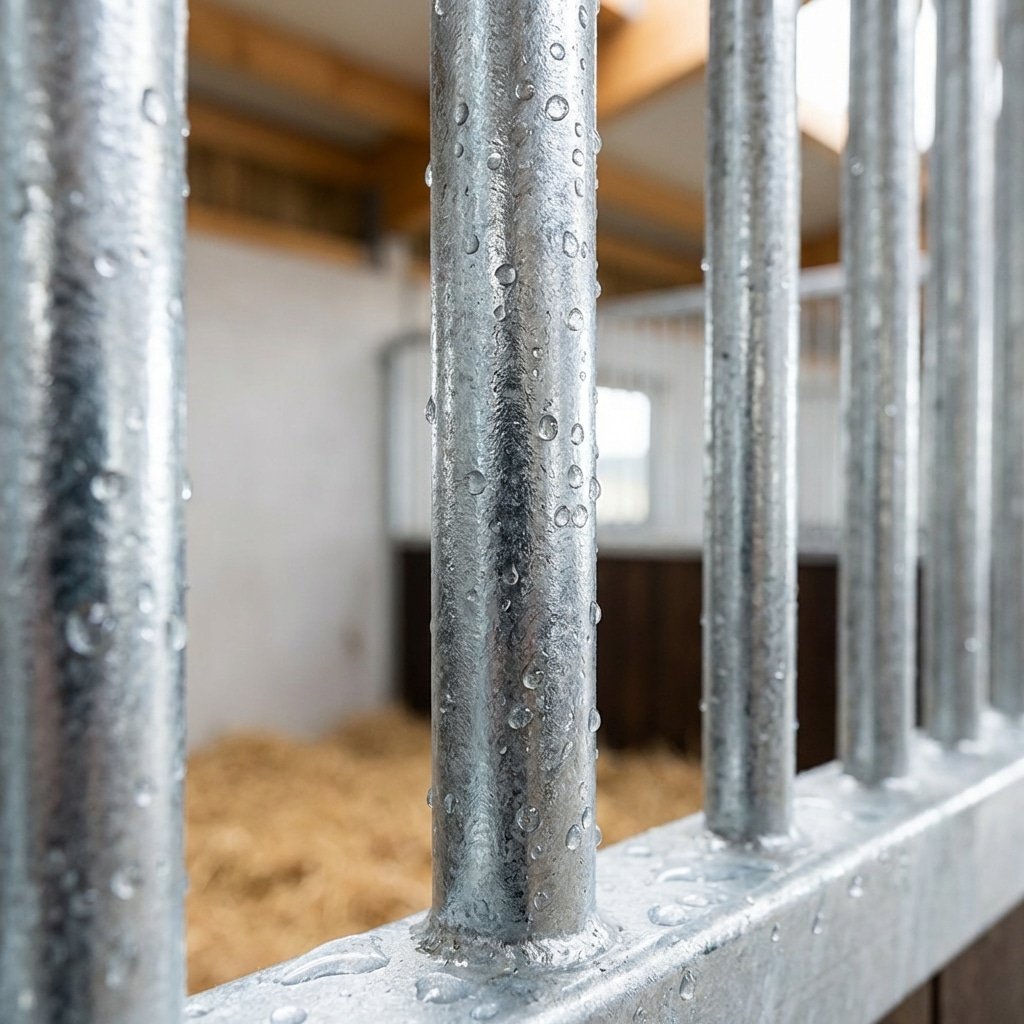 hyperrealistic product photography close-up of hot-dipped galvanized steel horse stall bars, water droplets beading on surface showing rust resistance, metallic texture, industrial elegance, macro lens, bright clean look, professional product shot, 16:9 aspect ratio, no text --ar 16:9 --no text