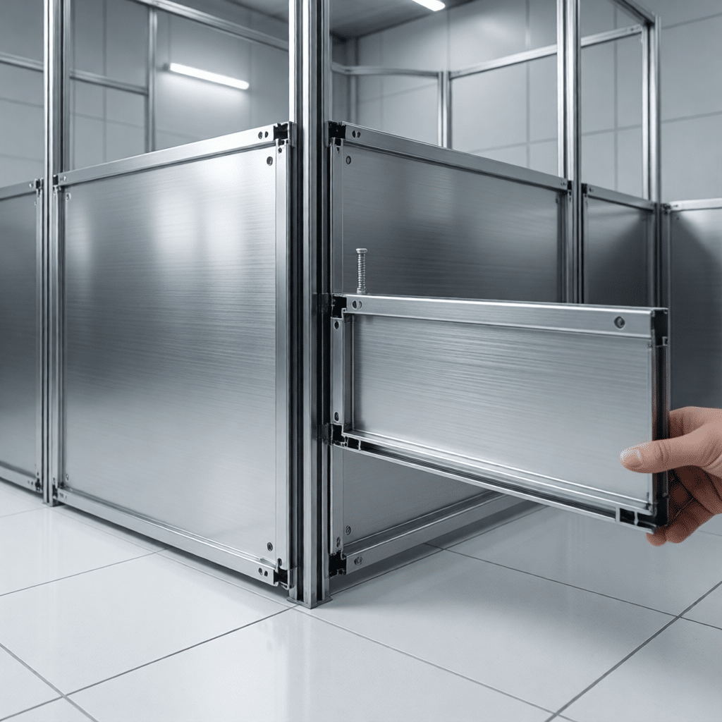 hyperrealistic product photography of modular horse stall panels being assembled, clean workshop environment, precision engineering details, interlocking mechanisms, bright lighting, showcasing ease of installation, professional industrial photography, 16:9 aspect ratio, no text --ar 16:9 --no text