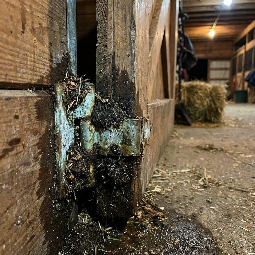 A close-up view of a weathered and rusted stable door hinge, covered in dirt and hay, set within a wooden barn interior with visible hay bales and stable equipment in the background.