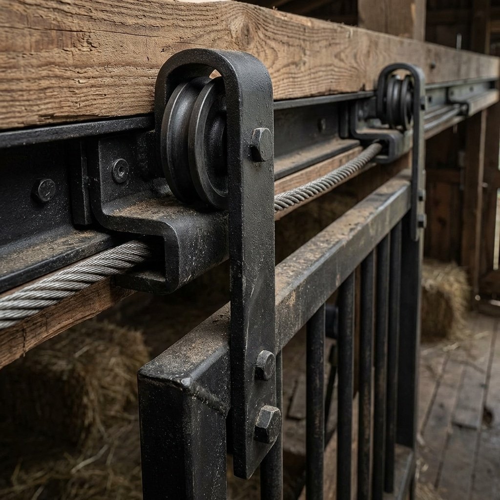 Hyperrealistic product photography close-up of heavy duty sliding horse stall door mechanism, hidden track system, Q235B steel texture, black matte finish, industrial detail, no text, no signage --ar 16:9