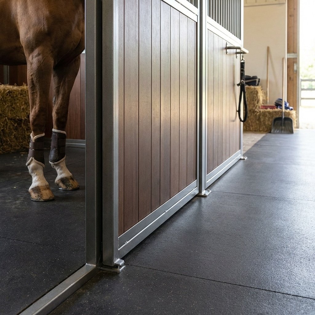 hyperrealistic product photography of horse stall partition solid bottom panel design, zero gap between panel and floor, senior horse legs safely behind barrier, clean stable floor, safety focus, 16:9 aspect ratio, no text, --ar 16:9 --style raw --v 6.0