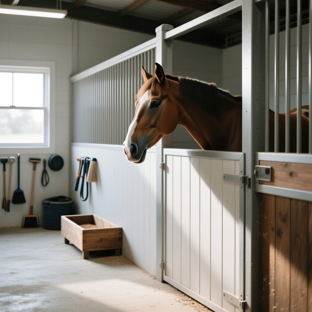 A brown horse peeks its head out of a clean, modern horse stall featuring galvanized steel and powder-coated stable panels. The stall is equipped with a wooden hay feeder and various stable tools hanging on the wall.