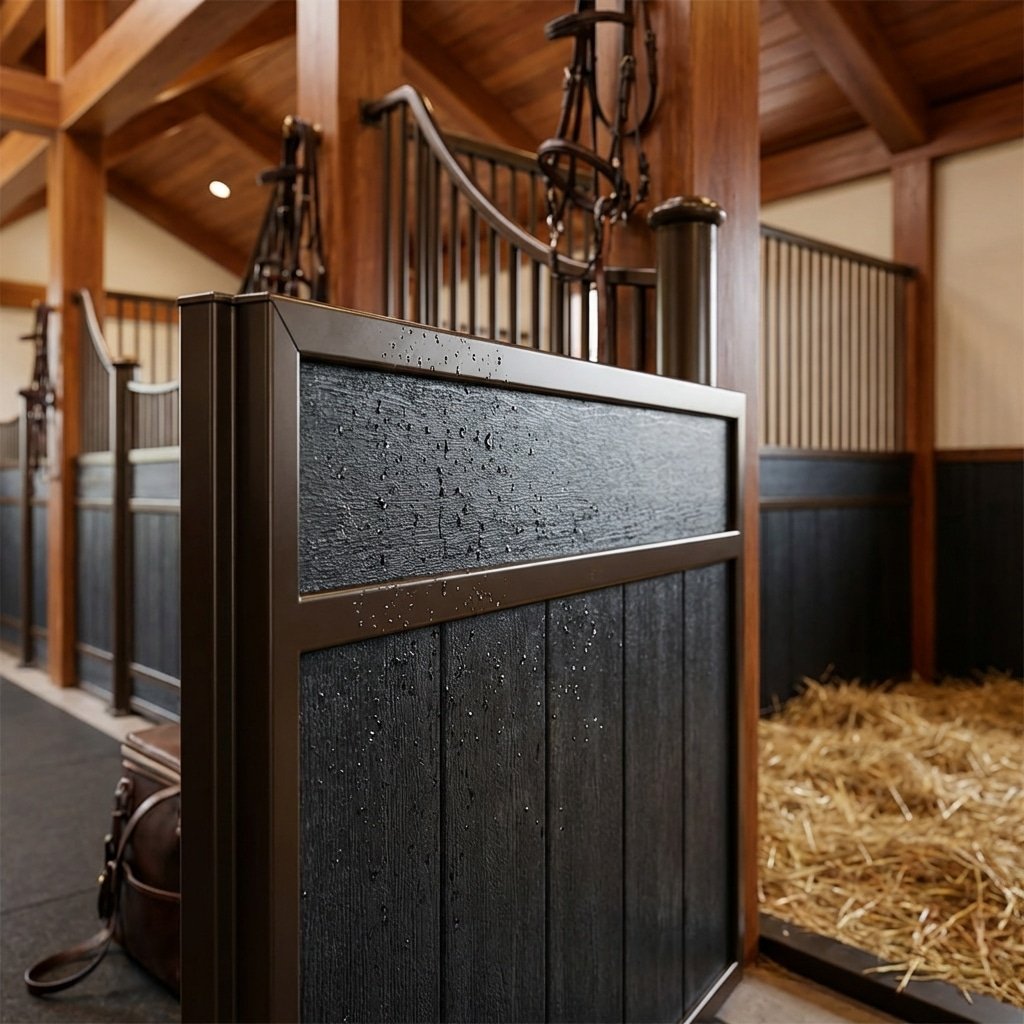 Hyperrealistic product photography close-up of HDPE horse stall panels inside a luxury horse stable, water droplets on surface showing rot-proof and washable quality, dark bronze metal framing, clean lines, stable interior context, soft stable lighting, high detail texture, no text, no signage, no English characters --ar 16:9 --v 6.0