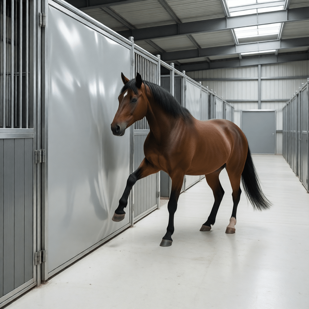 hyperrealistic product photography inside a horse stable, a horse kicking gently against a flexible HDPE wall panel, the wall absorbing impact without splintering, clean sanitary surface, safe equine environment, professional lighting, interior view of horse stalls, aspect ratio 16:9, no text, no signage, no letters --ar 16:9 --stylize 250 --no text, watermark, signature
